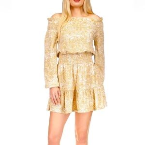 NWT Michael Kors Beige Smocked/Ruffle Boho Off shoulder blouson dress L